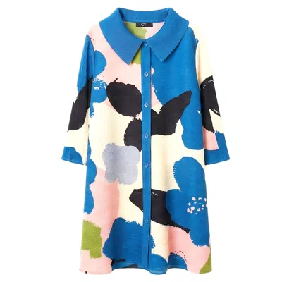 Cy Boutique Women's Blue / White Blue Artistic Flower Print Blazer Dress With Buttons Design In Multi