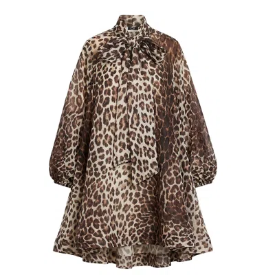 Cy Boutique Women's Brown Oversized Leopard Print Billow Dress With Blouson Sleeves In Animal Print