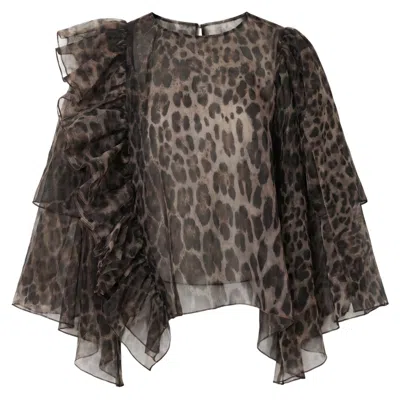 Cy Boutique Women's Brown Statement Ruffle Design Organza Ruffle Blouse In Leopard Print