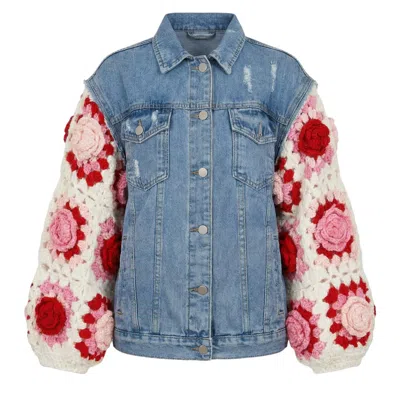 Cy Boutique Women's Handknit Floral Patten Sleeves Denim Jacket In Pink In Blue