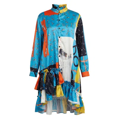 Cy Boutique Women's High Low Hem Shirt Dress In Scarf Print In Multi