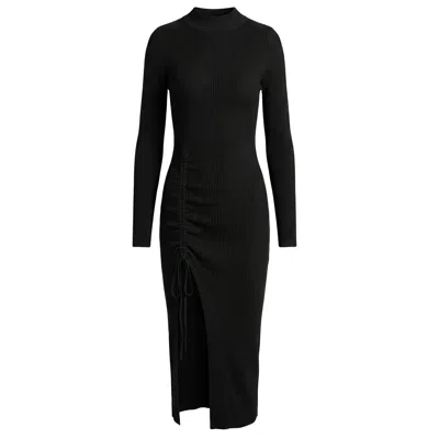 Cy Boutique Women's Knitted Ribbed Midi Bodycon Side Split Tie Up Design Dress In Black