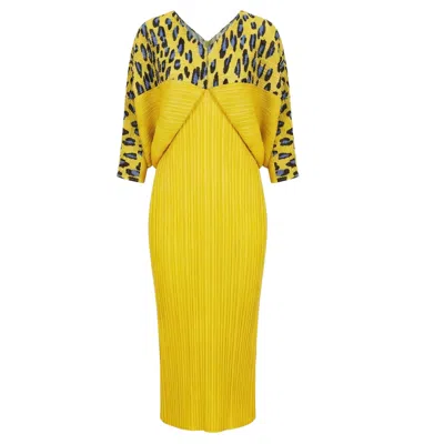 Cy Boutique Women's Leopard Print Pleated Dress In Kimono Sleeves In Yellow In White