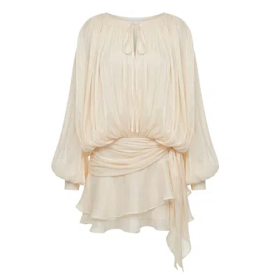 Cy Boutique Women's Neutrals Silky Satin Feeling Cape Sleeves Design Short Dress In Cream