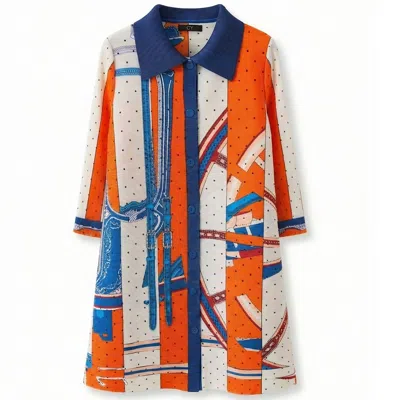 Cy Boutique Women's Orange Equestrian Chain Print Full Pleated Buttons Down Shirt Dress
