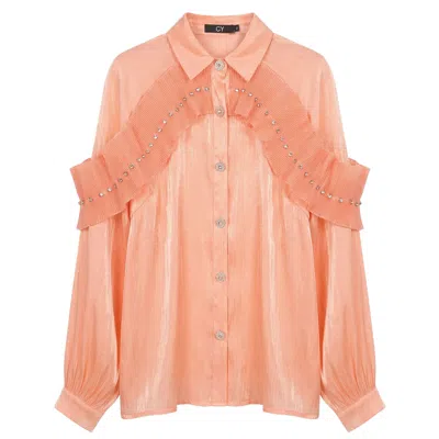 Cy Boutique Women's Orange Pleated Ruffles With Dimoned Stone Embellished Design Organza Shirt In Peach