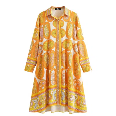 Cy Boutique Women's Orange Yellow Paisley Print Artwork Print Stain Oversized Shirt Dress In Multi