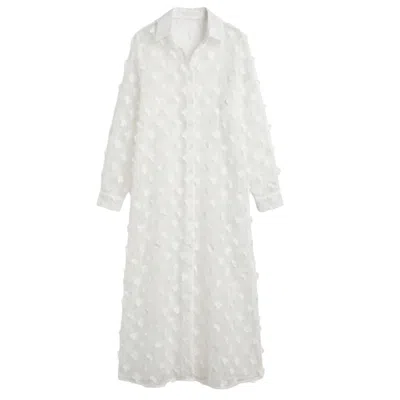 Cy Boutique Women's Oversized Long Shirt Dress With Floral Embellished Design In White