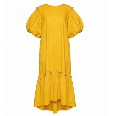 Cy Boutique Women's Oversized Puff Sleeves Ruffle Hem Design Maxi Dress In Yellow