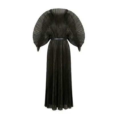 Cy Boutique Women's Pleated Long Dress With Organza Pleated Cape Sleeves In Black