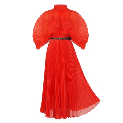 Cy Boutique Women's Pleated Long Dress With Organza Pleated Cape Sleeves In Red