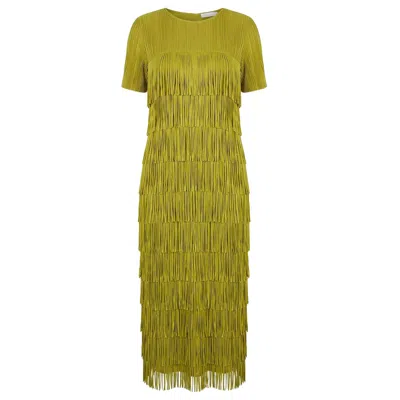 Cy Boutique Women's Pleated Midi Dress With Multi Layer Fringed Tassel Design In Green