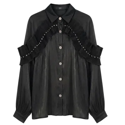 Cy Boutique Women's Pleated Ruffles With Dimoned Stone Embellished Design Organza Shirt In Black