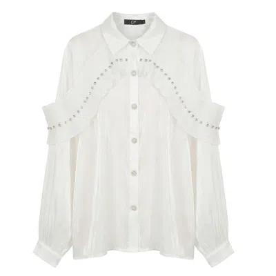 Cy Boutique Women's Pleated Ruffles With Dimoned Stone Embellished Design Organza Shirt In White