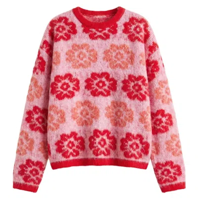 Cy Boutique Women's Red And Pink Floral Pattern Soft Knit Jumper