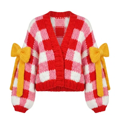 Cy Boutique Women's Red Checked Pattern Design Hand Knit Cardigan