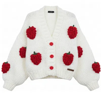 Cy Boutique Women's White Hand-knitted Strawberry Appliqué Cardigan In Ivory