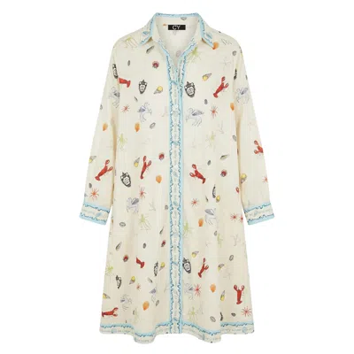 Cy Boutique Women's White Seaworld Artwork Print Stain Oversized Shirt Dress In Neutral