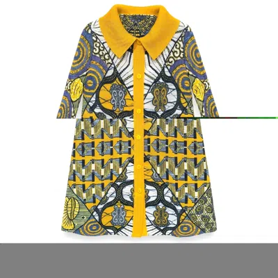 Cy Boutique Women's Yellow Ornamental Geometric Print Blazer Dress With Buttons Design