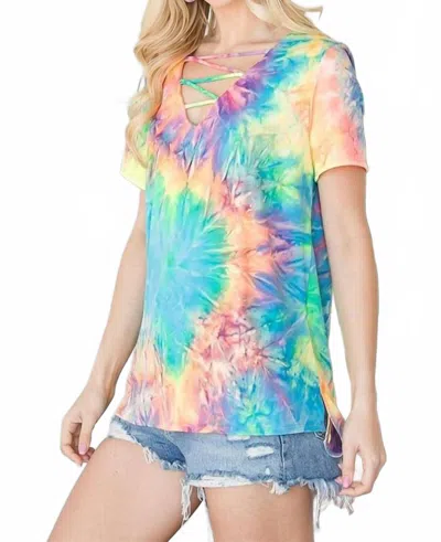 Cy Fashion Tie Dye Crisscrossed Top In Yellow/blue In Black