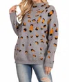 Cy Fashion Turtle Neckline Leopard Sweater In Grey/mustard In Multi