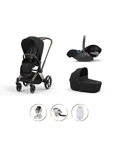 Cybex Priam 4 In Rose Gold + Cloud T Travel System With Priam Lux Carry Cot, Platinum Footmuff, Snack Tray In Sepia Black