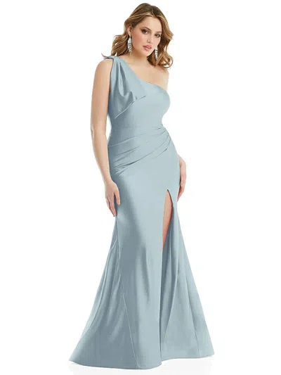 Cynthia & Sahar Cascading Bow One-shoulder Stretch Satin Mermaid Dress With Slight Train In Blue