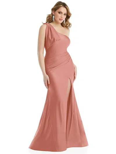 Cynthia & Sahar Cascading Bow One-shoulder Stretch Satin Mermaid Dress With Slight Train In Pink