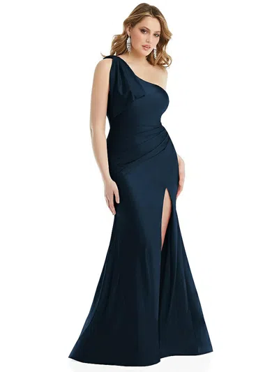 Cynthia & Sahar Cascading Bow One-shoulder Stretch Satin Mermaid Dress With Slight Train In Blue