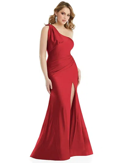 Cynthia & Sahar Cascading Bow One-shoulder Stretch Satin Mermaid Dress With Slight Train In Red