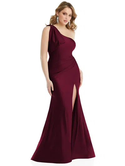 Cynthia & Sahar Cascading Bow One-shoulder Stretch Satin Mermaid Dress With Slight Train In Red