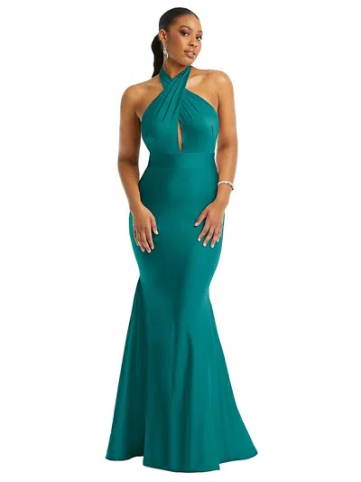 Cynthia & Sahar Criss Cross Halter Open-back Stretch Satin Mermaid Dress In Green