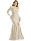 Cynthia & Sahar Long Sleeve Draped Wrap Stretch Satin Mermaid Dress With Slight Train