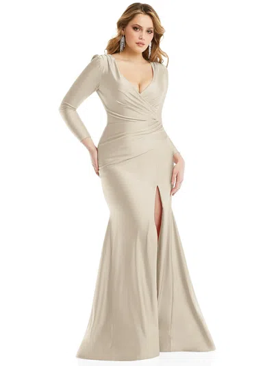 CYNTHIA & SAHAR LONG SLEEVE DRAPED WRAP STRETCH SATIN MERMAID DRESS WITH SLIGHT TRAIN