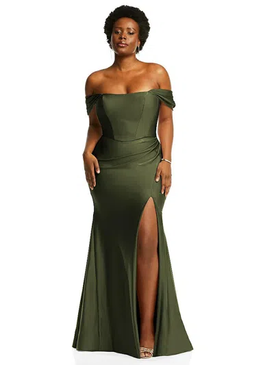 Cynthia & Sahar Off-the-shoulder Corset Stretch Satin Mermaid Dress With Slight Train In Green