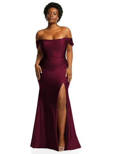 Cynthia & Sahar Off-the-shoulder Corset Stretch Satin Mermaid Dress With Slight Train In Burgundy