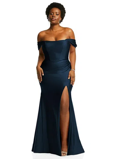 Cynthia & Sahar Off-the-shoulder Corset Stretch Satin Mermaid Dress With Slight Train In Blue