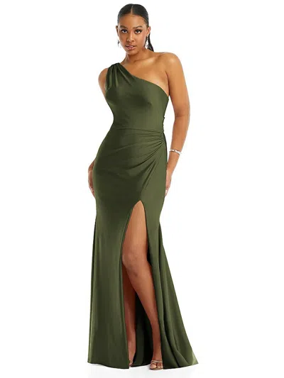 Cynthia & Sahar One-shoulder Asymmetrical Cowl Back Stretch Satin Mermaid Dress In Green