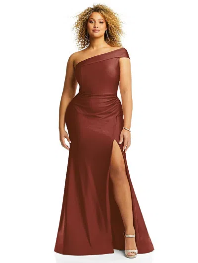 Cynthia & Sahar One-shoulder Bias-cuff Stretch Satin Mermaid Dress With Slight Train In Brown