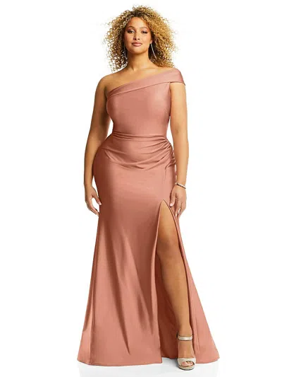 Cynthia & Sahar One-shoulder Bias-cuff Stretch Satin Mermaid Dress With Slight Train In Brown