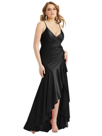 Cynthia & Sahar Pleated Wrap Ruffled High Low Stretch Satin Gown With Slight Train In Black