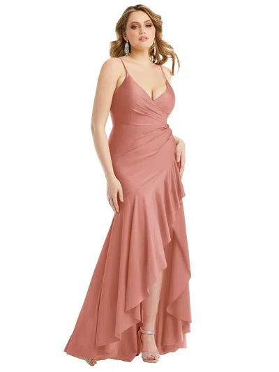 Cynthia & Sahar Pleated Wrap Ruffled High Low Stretch Satin Gown With Slight Train In Pink