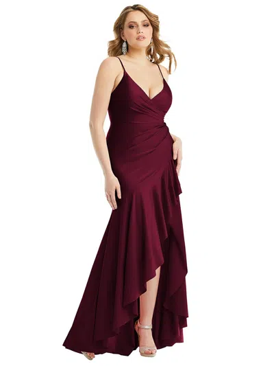 Cynthia & Sahar Pleated Wrap Ruffled High Low Stretch Satin Gown With Slight Train In Red