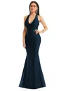 Cynthia & Sahar Shirred Shoulder Stretch Satin Mermaid Dress With Slight Train In Blue