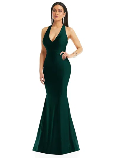 Cynthia & Sahar Plunge Neckline Cutout Low Back Stretch Satin Mermaid Dress In Green