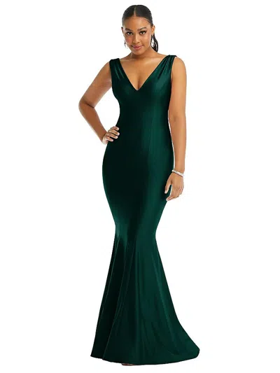 Cynthia & Sahar Shirred Shoulder Stretch Satin Mermaid Dress With Slight Train In Green