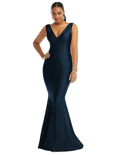 Cynthia & Sahar Shirred Shoulder Stretch Satin Mermaid Dress With Slight Train In Blue