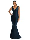 Cynthia & Sahar Shirred Shoulder Stretch Satin Mermaid Dress With Slight Train In Blue