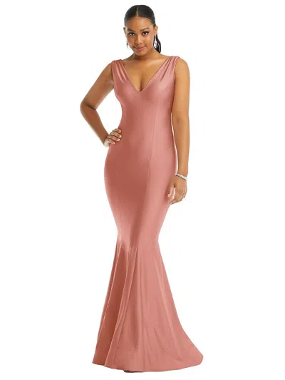 Cynthia & Sahar Shirred Shoulder Stretch Satin Mermaid Dress With Slight Train In Pink