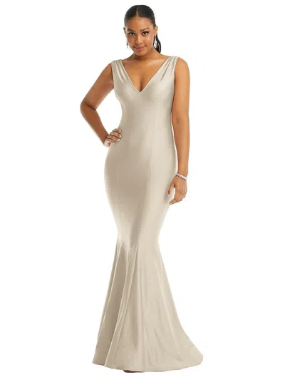 Cynthia & Sahar Shirred Shoulder Stretch Satin Mermaid Dress With Slight Train In White